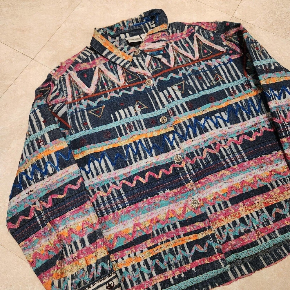 Chico's Womens Size 2 Embroidered Western Colorful Art Soft Denim Button Jacket‎